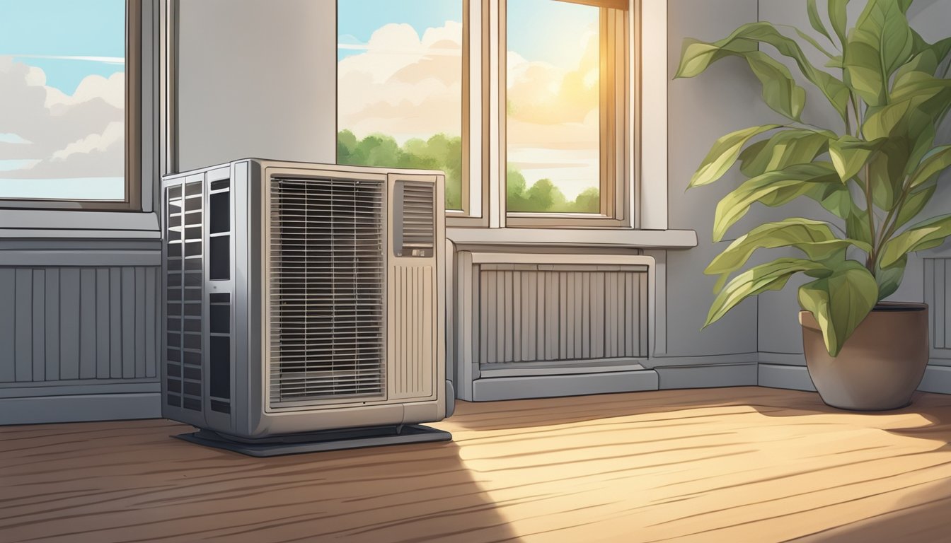 A window air conditioner hums, cool air billowing out, as the sun beats down outside. The unit is surrounded by a frame of peeling paint and dusty blinds
