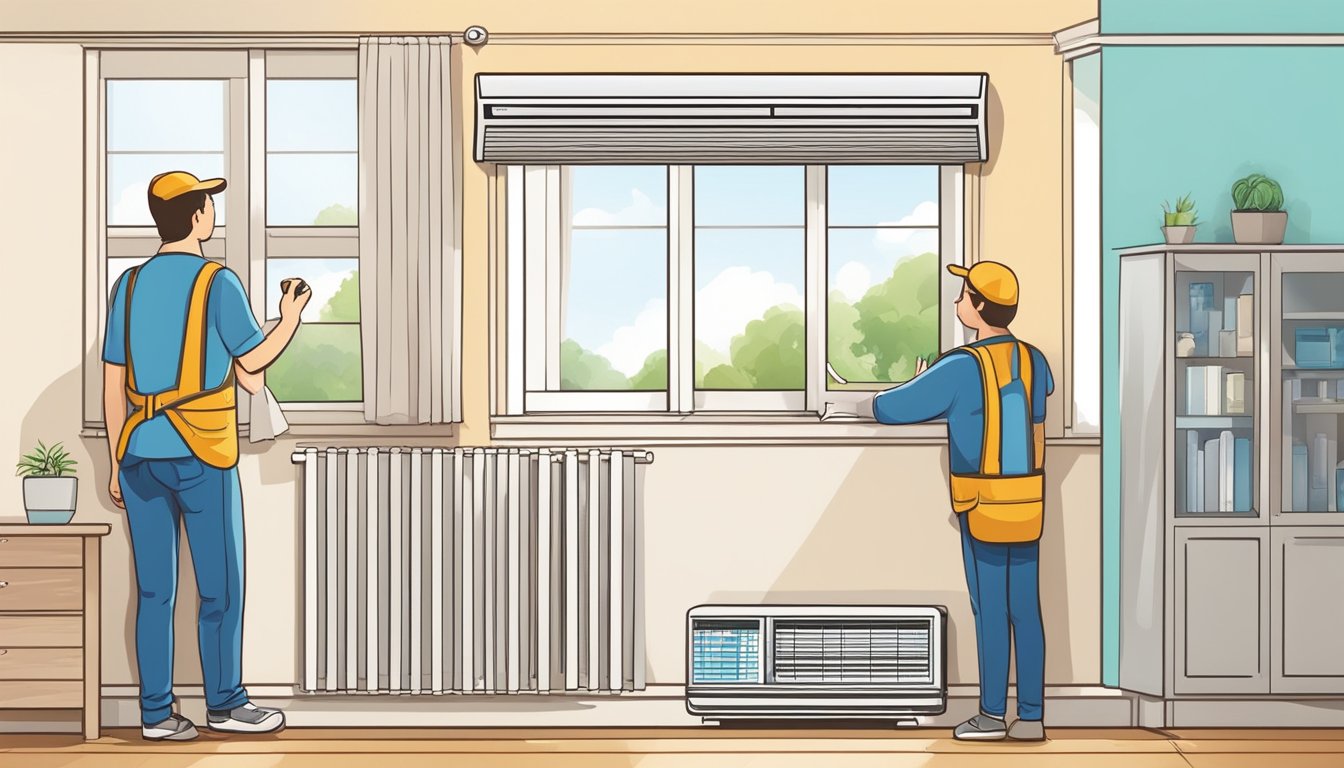 A person measures the window dimensions, researches air conditioner sizes, and installs the chosen unit, adjusting the settings for optimal cooling
