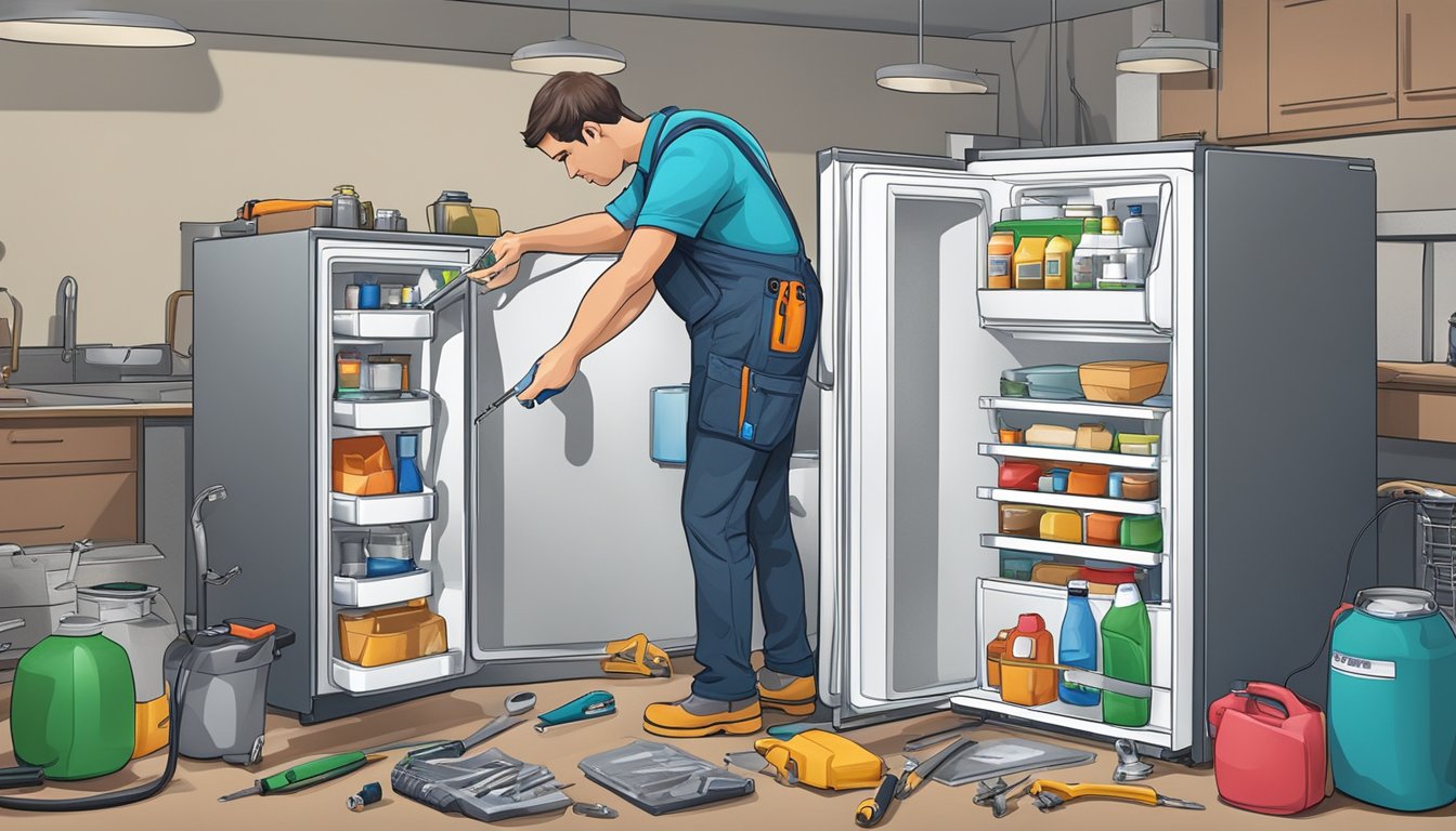 A technician fixing a fridge, tools and parts scattered around