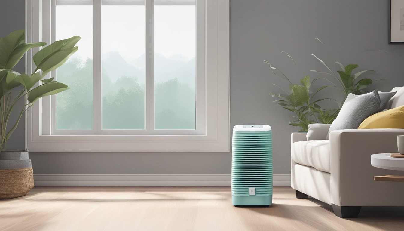 A sleek dehumidifier sits in a modern Singaporean living room, quietly removing moisture from the air