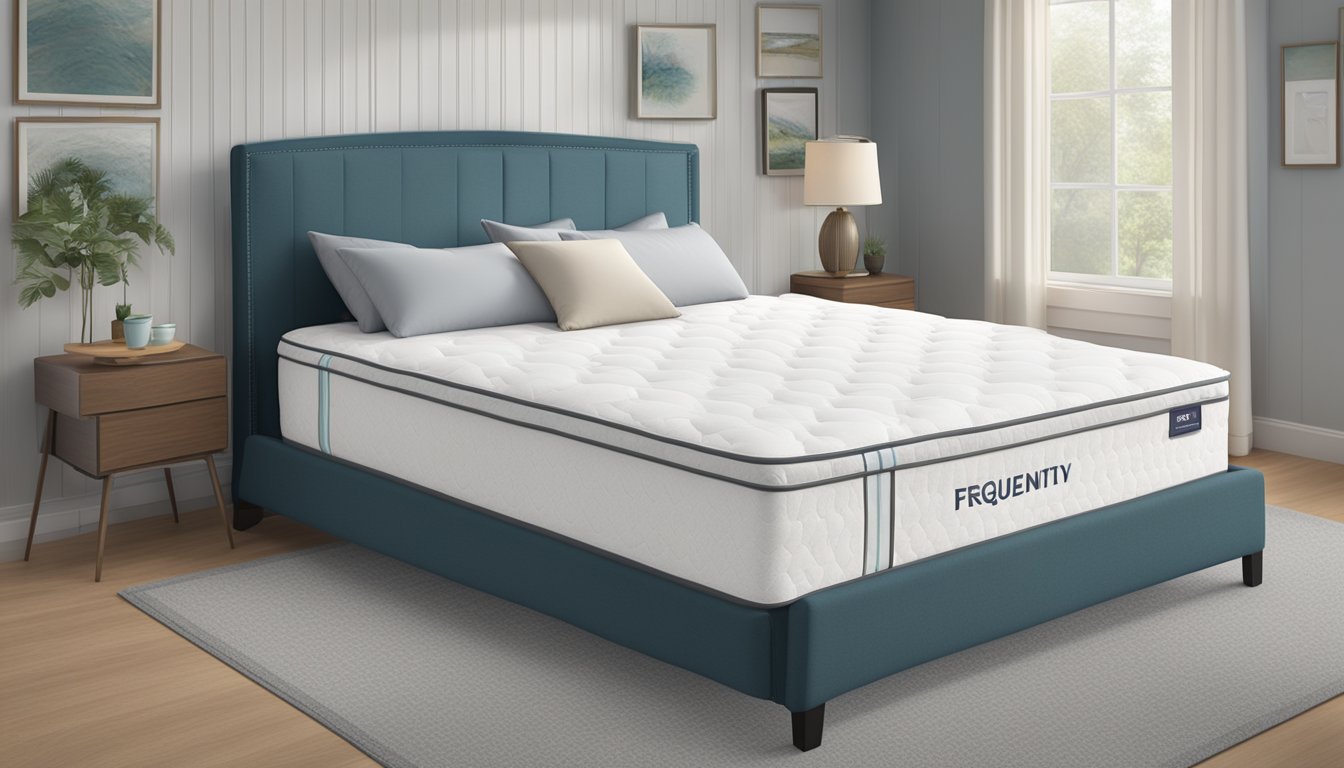 A queen size mattress with a "Frequently Asked Questions" label prominently displayed, surrounded by pillows and a neatly made bed