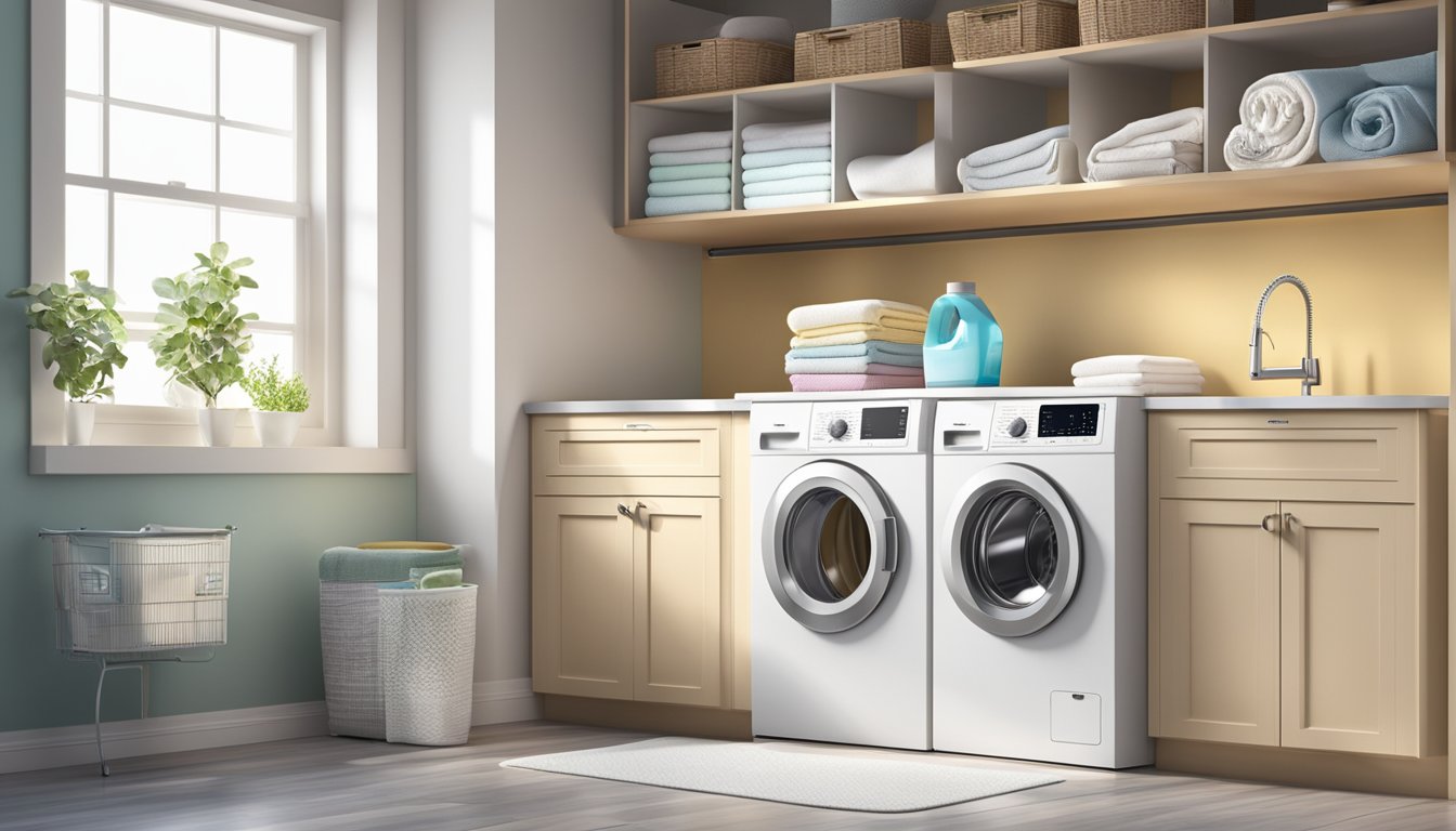 A modern, sleek washing machine sits in a bright, spacious laundry room, surrounded by shelves of laundry detergent and fabric softener. The machine is front-loading, with a digital display and various wash cycle options