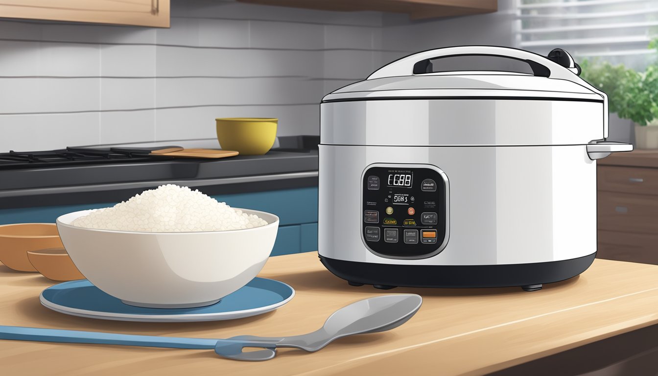 A Toyomi rice cooker sits on a kitchen counter, steam gently rising from its vent as it cooks a batch of fluffy white rice