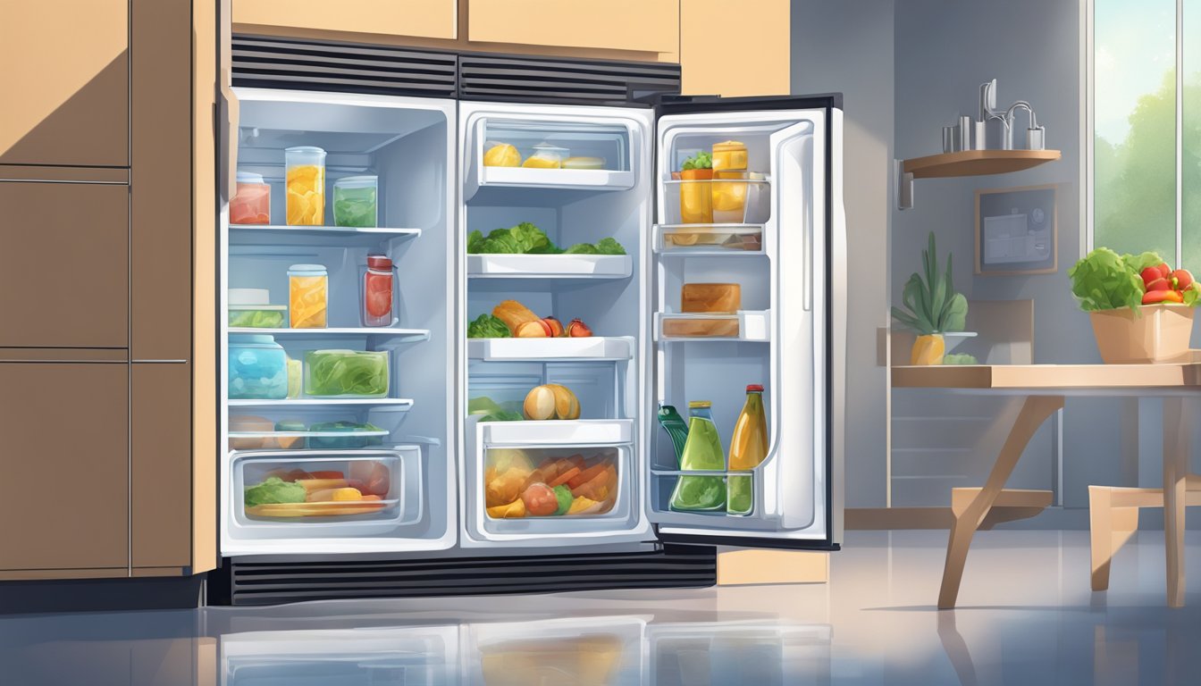 The fridge door hangs open, revealing spoiled food. A puddle forms beneath, indicating a possible leak. The interior light flickers, suggesting electrical issues