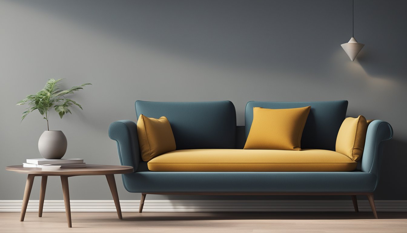 A 2-seater sofa sits against a wall, with a soft cushion and sleek armrests. The fabric is a deep, inviting color, and the sofa is adorned with a few decorative throw pillows