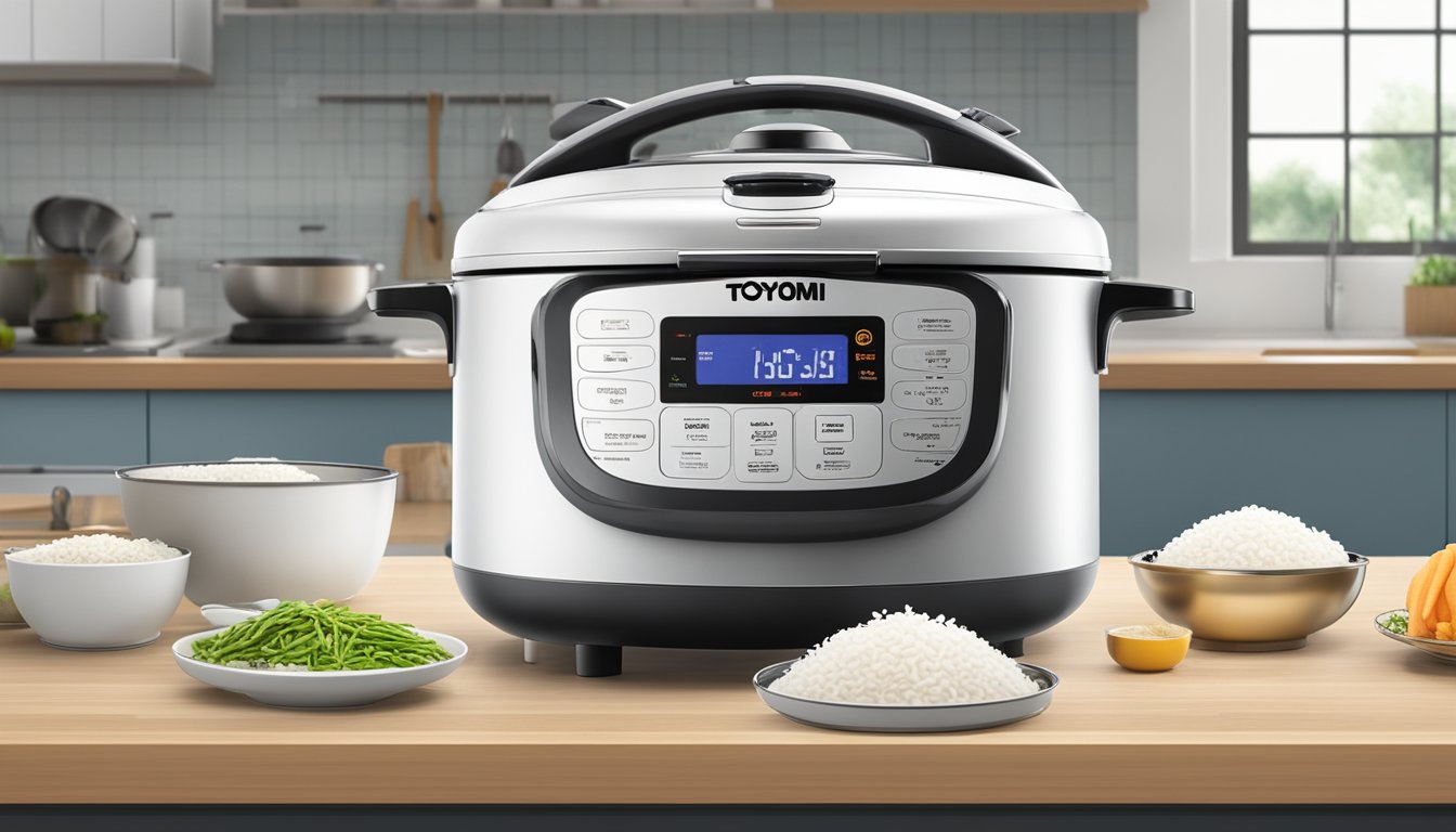 A Toyomi rice cooker sits on a kitchen counter, with a digital display and various cooking settings. A steam vent releases steam as rice cooks inside