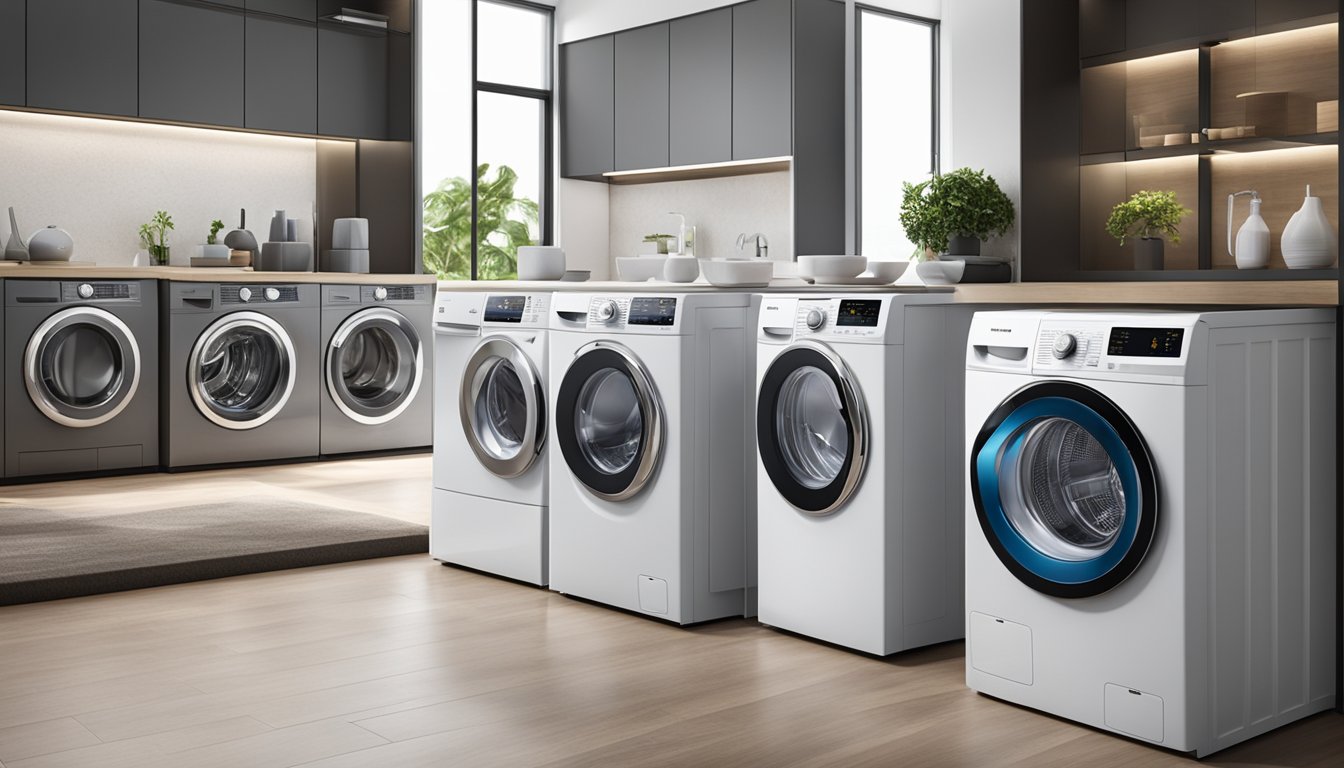 Various top washing machine brands and models lined up in a modern Singaporean home, showcasing the latest technology and sleek designs