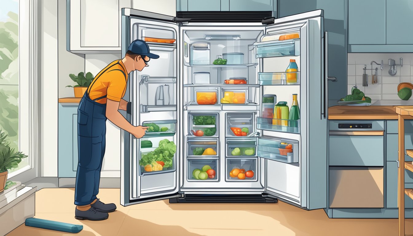 A technician repairing a fridge with tools and equipment in a well-lit kitchen