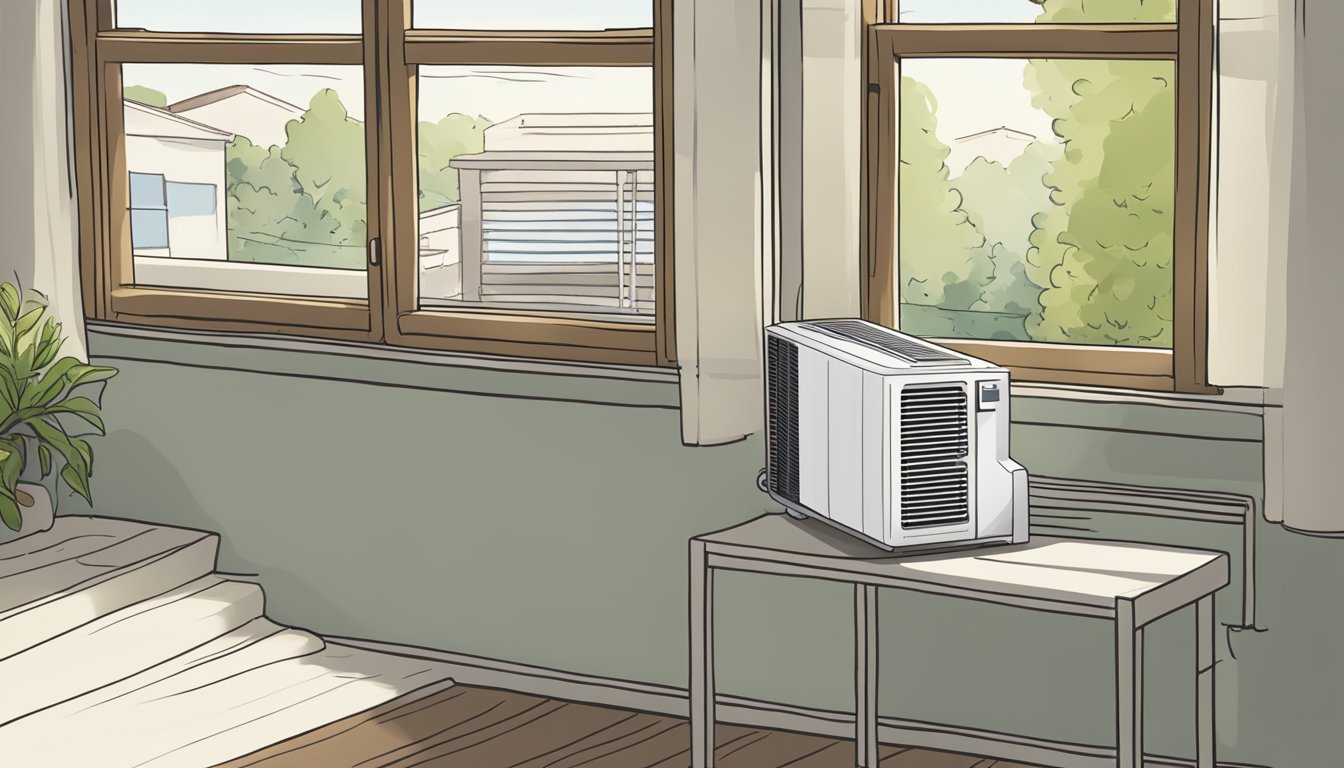 A window air conditioner sits on a windowsill, with a "Frequently Asked Questions" manual beside it. The unit is plugged into a nearby outlet, and the window is slightly ajar to allow for ventilation