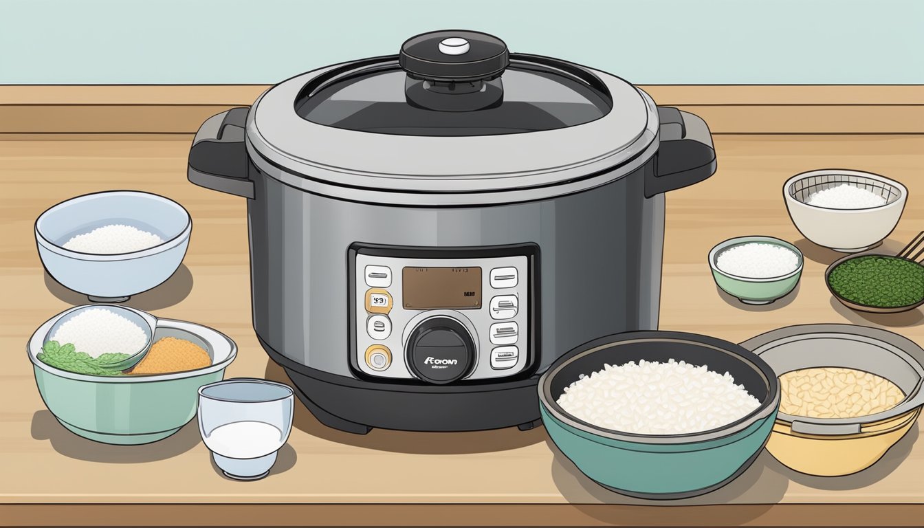 A Toyomi rice cooker sits on a kitchen countertop, surrounded by measuring cups, rice scoops, and a steaming basket. The cooker's control panel displays various cooking settings