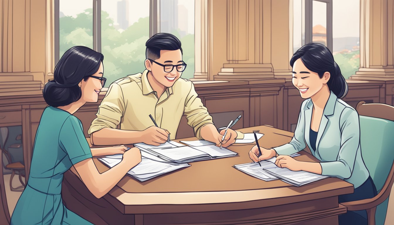 A couple sits at a desk, signing paperwork with a bank representative. The couple appears happy and relieved as they secure a wedding loan in Singapore