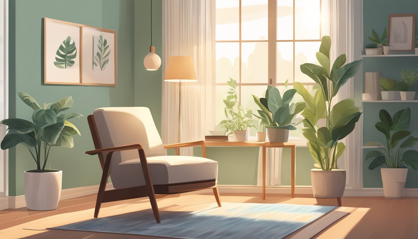 A living room with a sleek, modern dehumidifier placed in the corner, surrounded by potted plants and a cozy armchair. The sunlight filters through the window, casting a warm glow on the scene