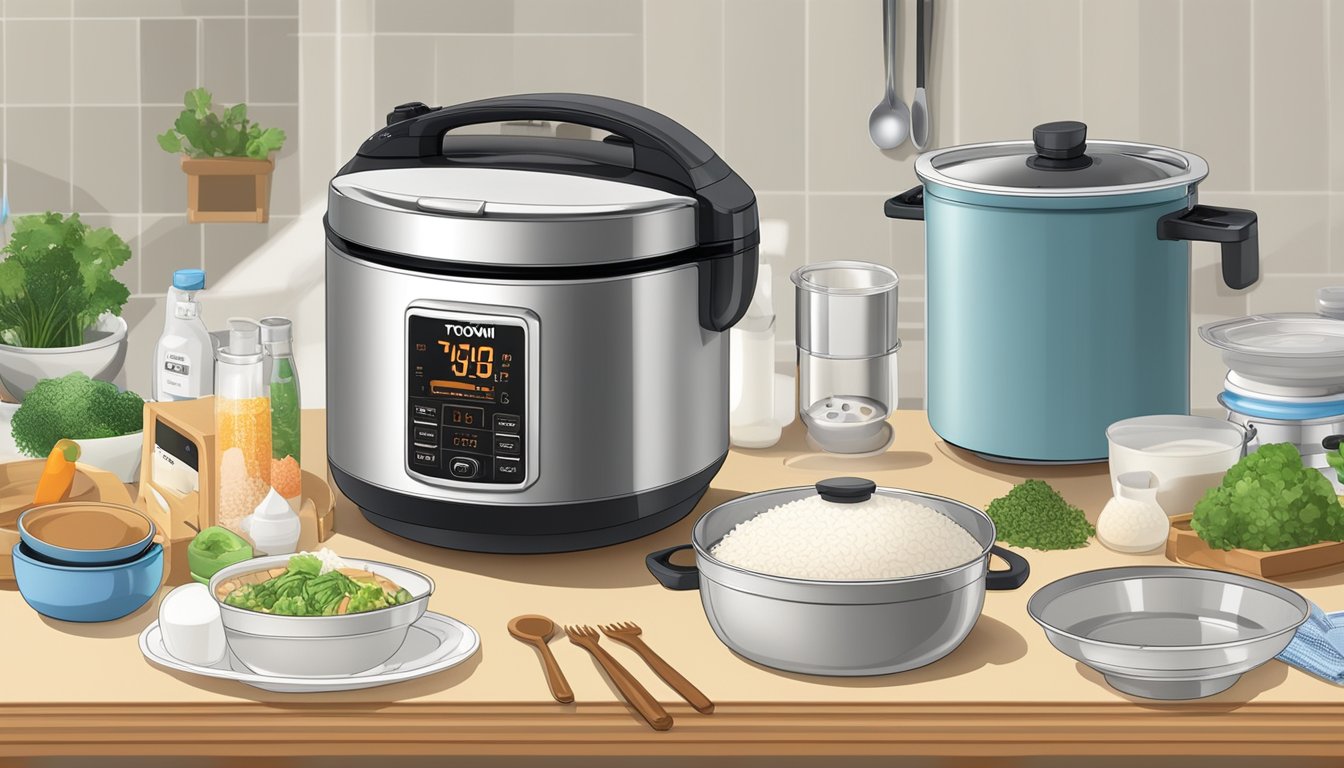 A Toyomi rice cooker sits on a clean kitchen counter, surrounded by various cooking utensils and a bag of rice. The cooker's digital display shows the time and temperature settings