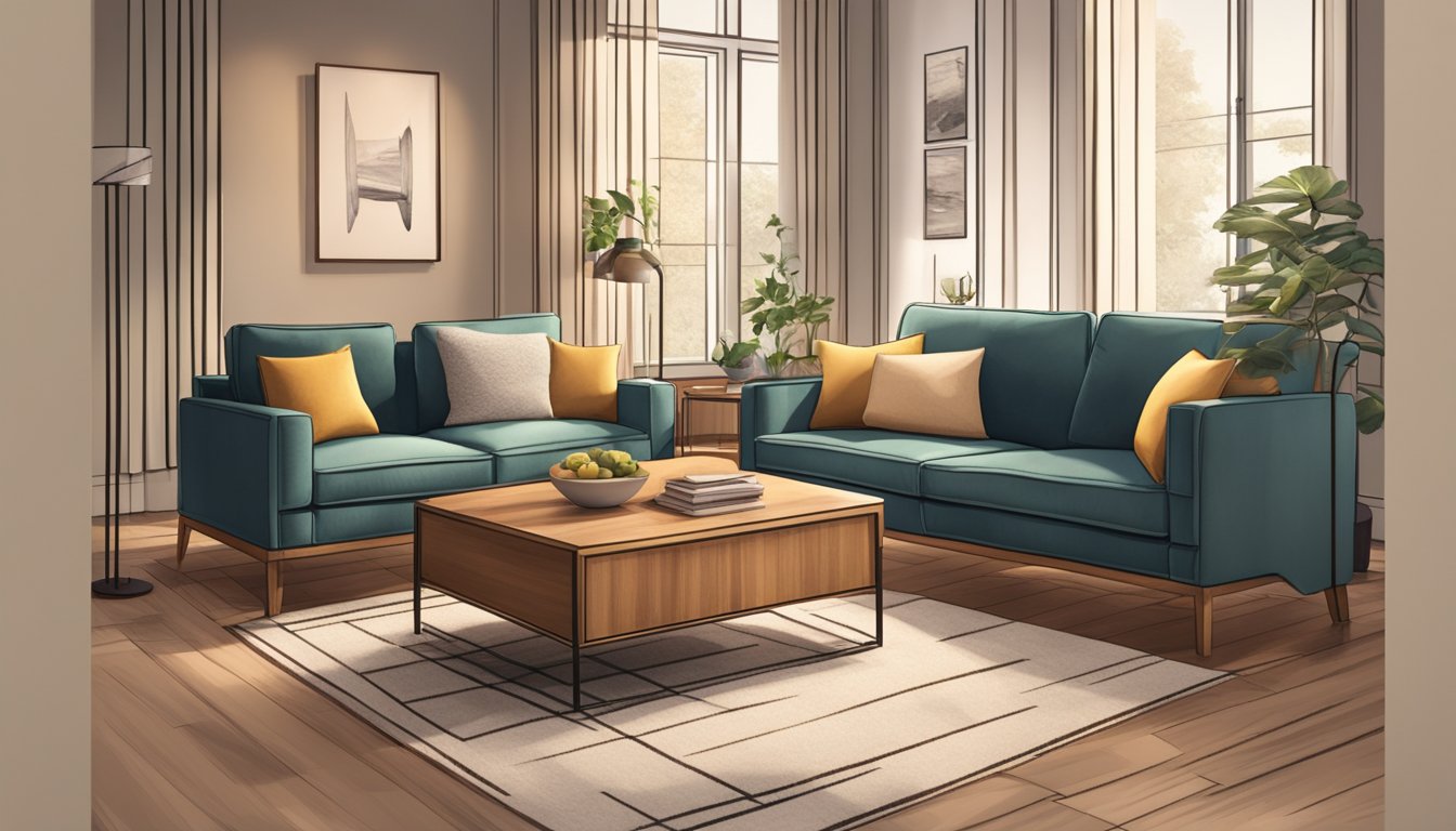 A 2-seater sofa with clean lines and comfortable cushions, surrounded by a warm and inviting living room with soft lighting and cozy decor