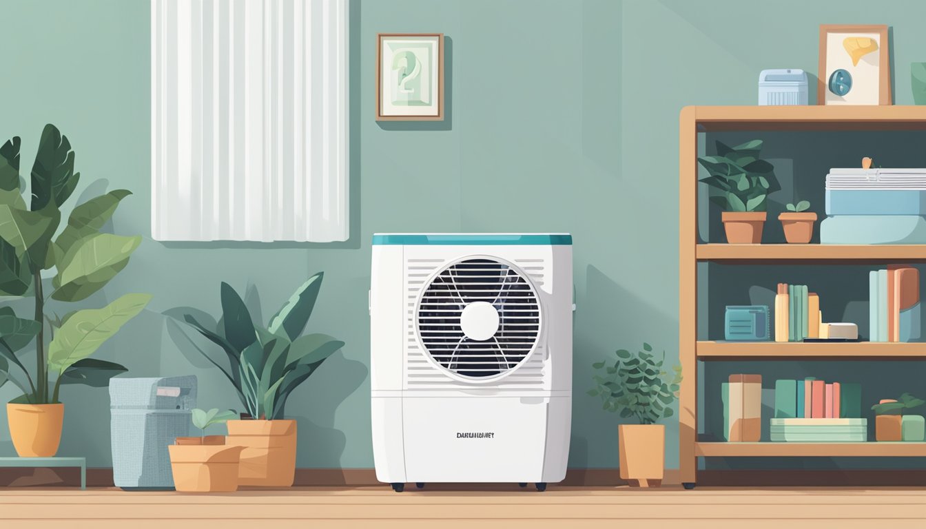 A dehumidifier sitting on a shelf, surrounded by various household items. A label reads "Frequently Asked Questions best dehumidifier singapore."