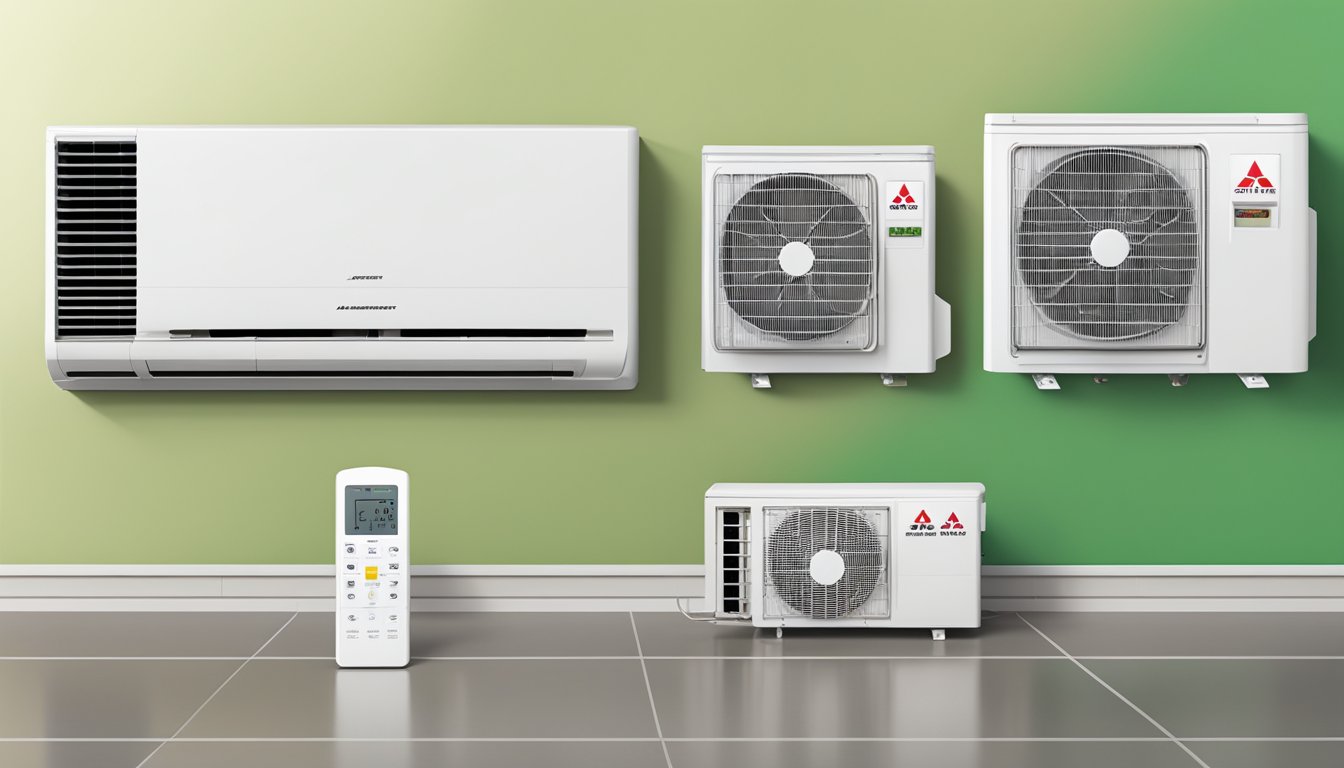 Three Mitsubishi aircon units installed on a wall, with remote controls and temperature displays