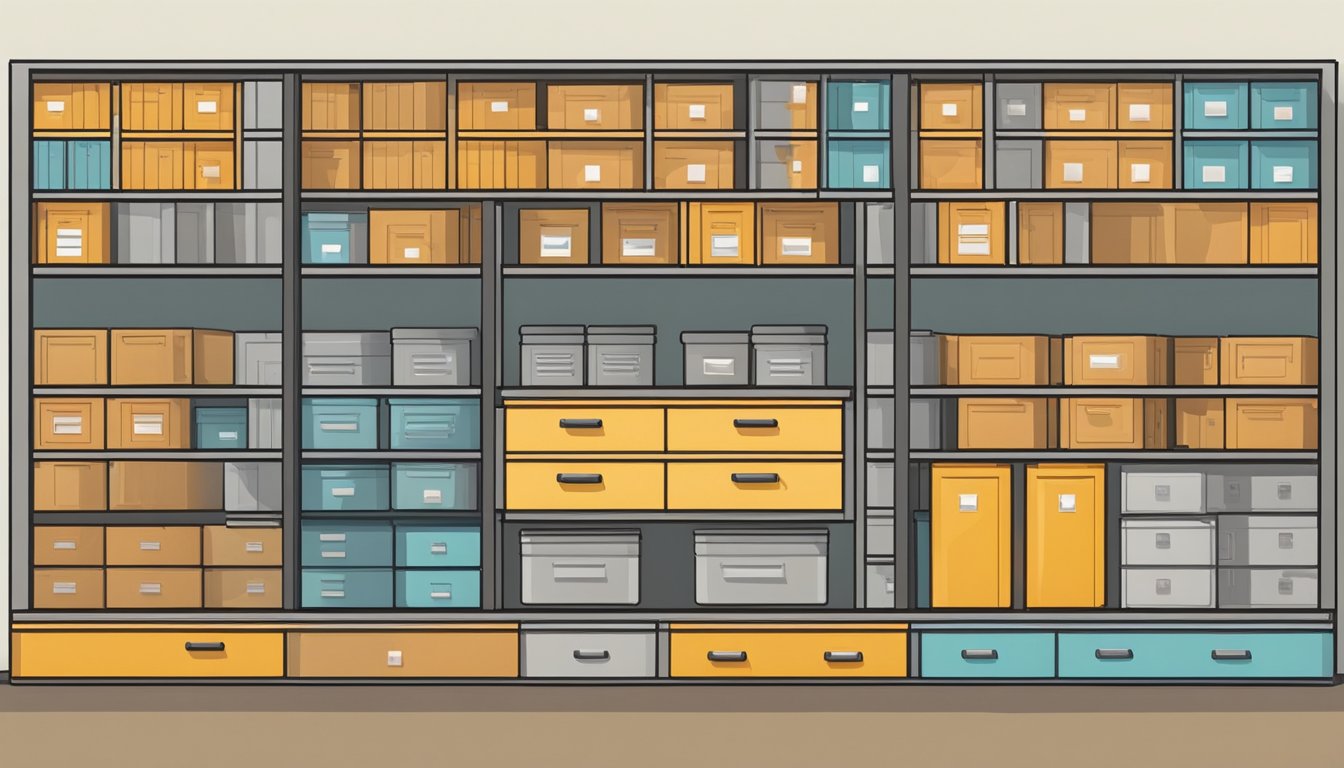 Several storage cabinets lined up against a wall, varying in size and color, with shelves and drawers for organization
