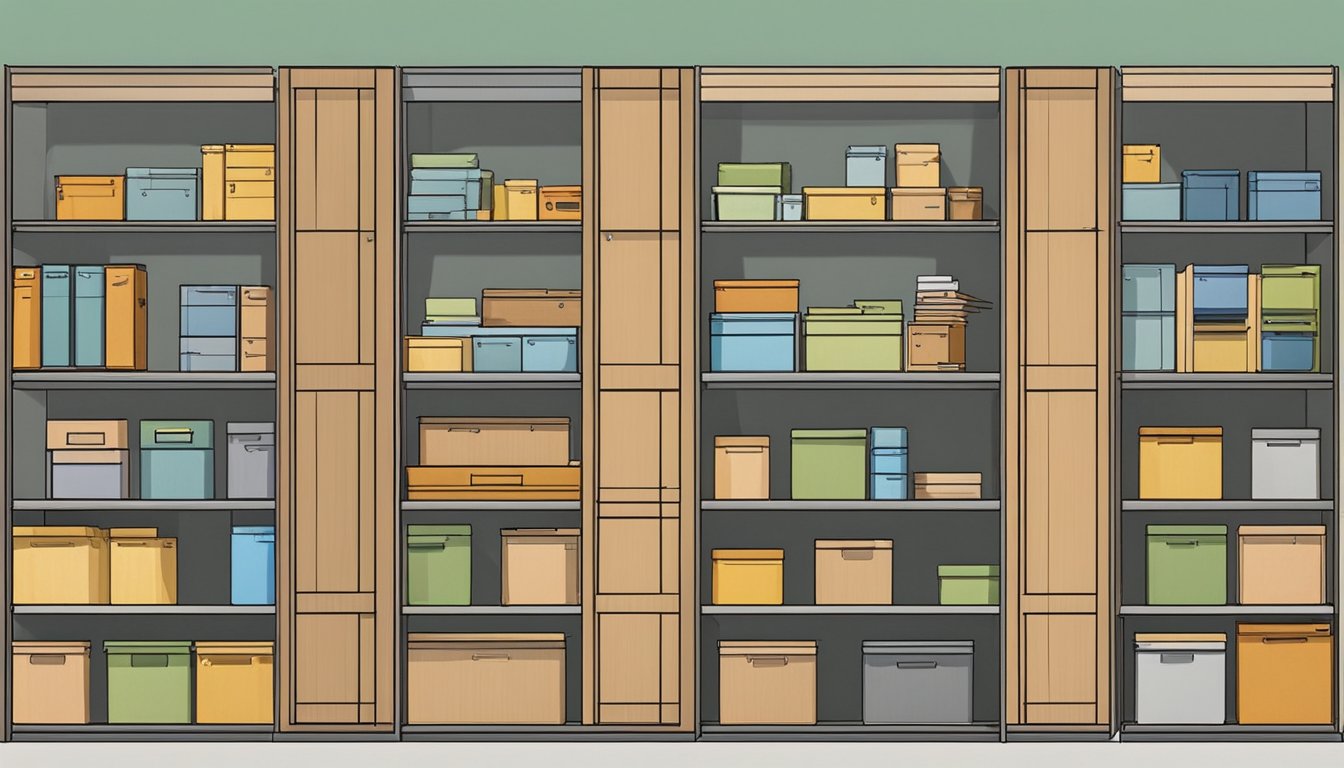Various storage cabinets line the room, ranging from tall, narrow cabinets to short, wide ones. Some have shelves, while others have drawers. The cabinets come in different colors and materials, adding variety to the scene