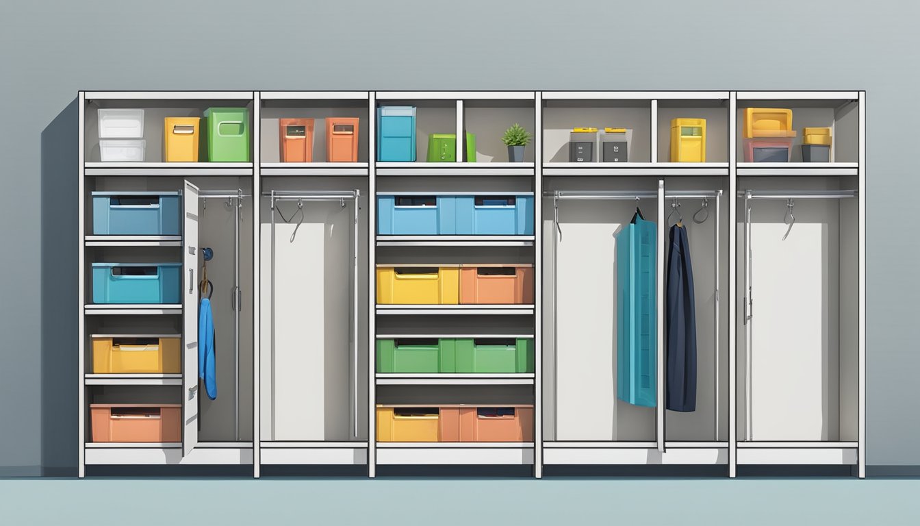 A row of storage cabinets with labeled compartments and hooks for accessories