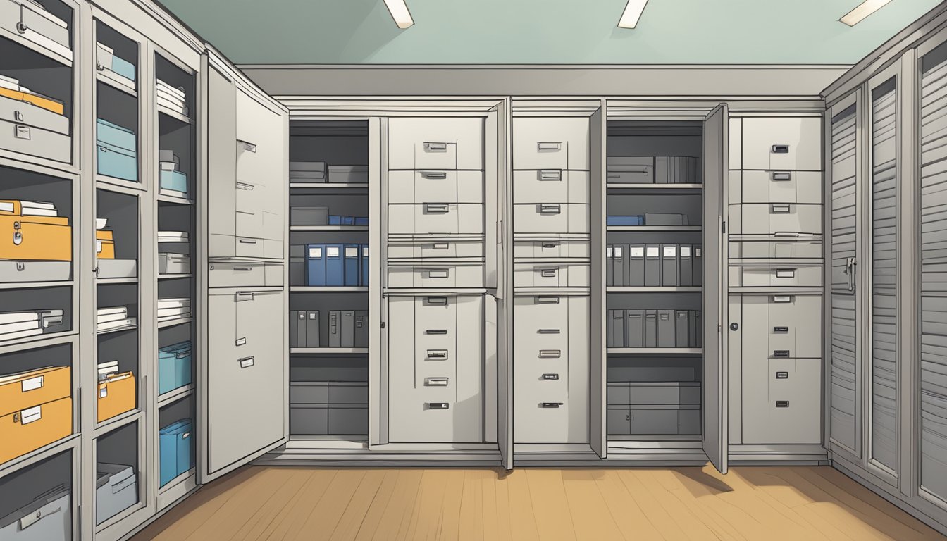 A row of labeled cabinets with open doors, revealing neatly organized stacks of paper and files inside. Labels read "Frequently Asked Questions" in bold lettering
