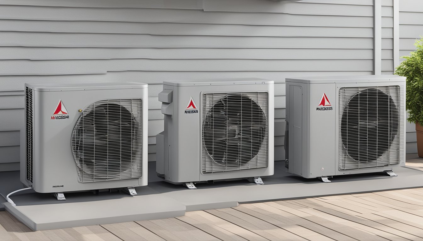 Three indoor units connected to one outdoor unit. Each unit labeled with Mitsubishi logo. Text "Frequently Asked Questions Mitsubishi Aircon System 3" displayed prominently