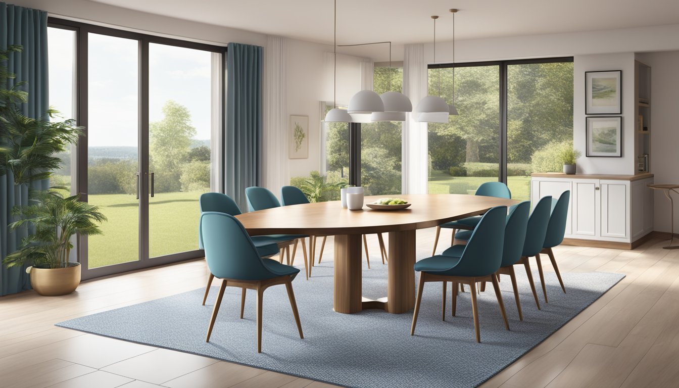 A round extendable dining table surrounded by chairs in a spacious, well-lit room with a view of the outdoors