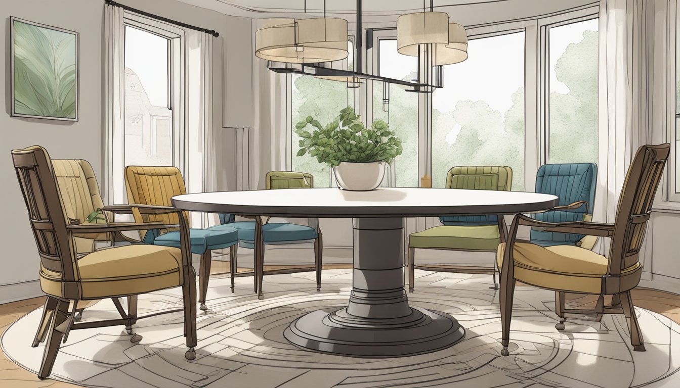 A round dining table extends, surrounded by chairs. FAQs hover above, with a sense of inquiry and curiosity