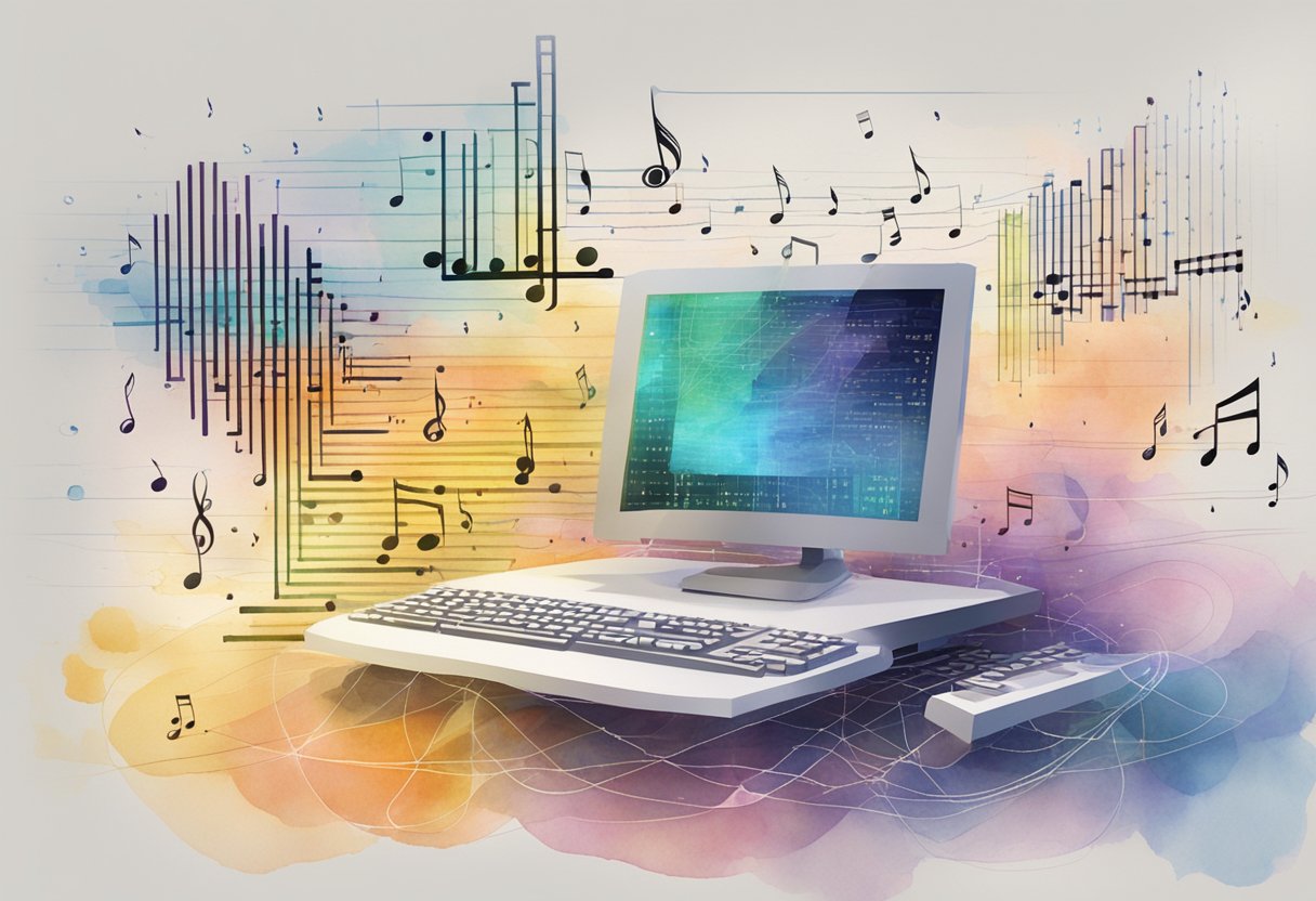 A computer generating musical notes, surrounded by lines of code and data visualizations