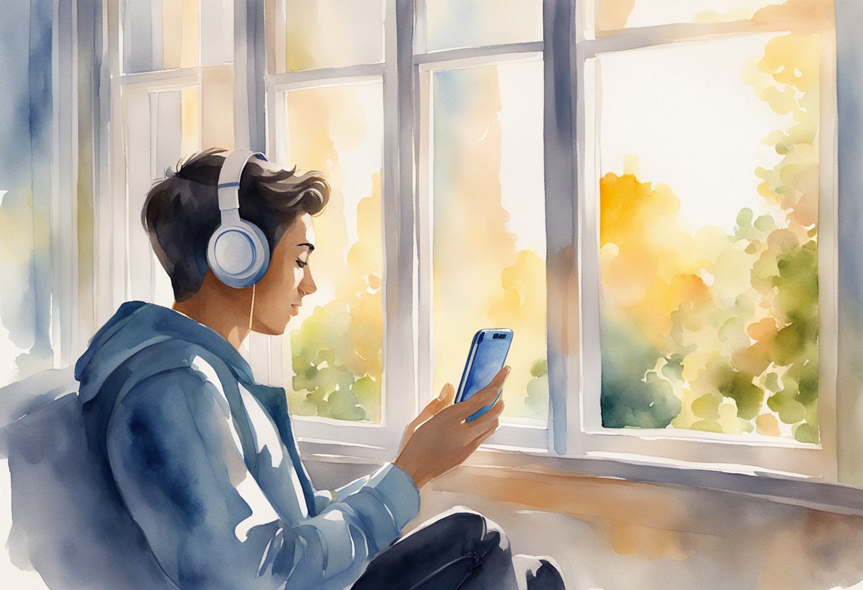 A person listens to AI music on their phone, while the sun shines through the window