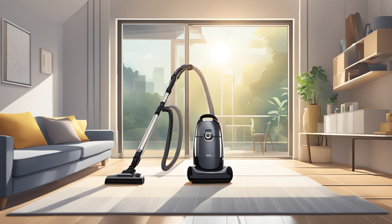 A sleek, modern vacuum cleaner stands in a tidy Singaporean living room, with sunlight streaming in through the window