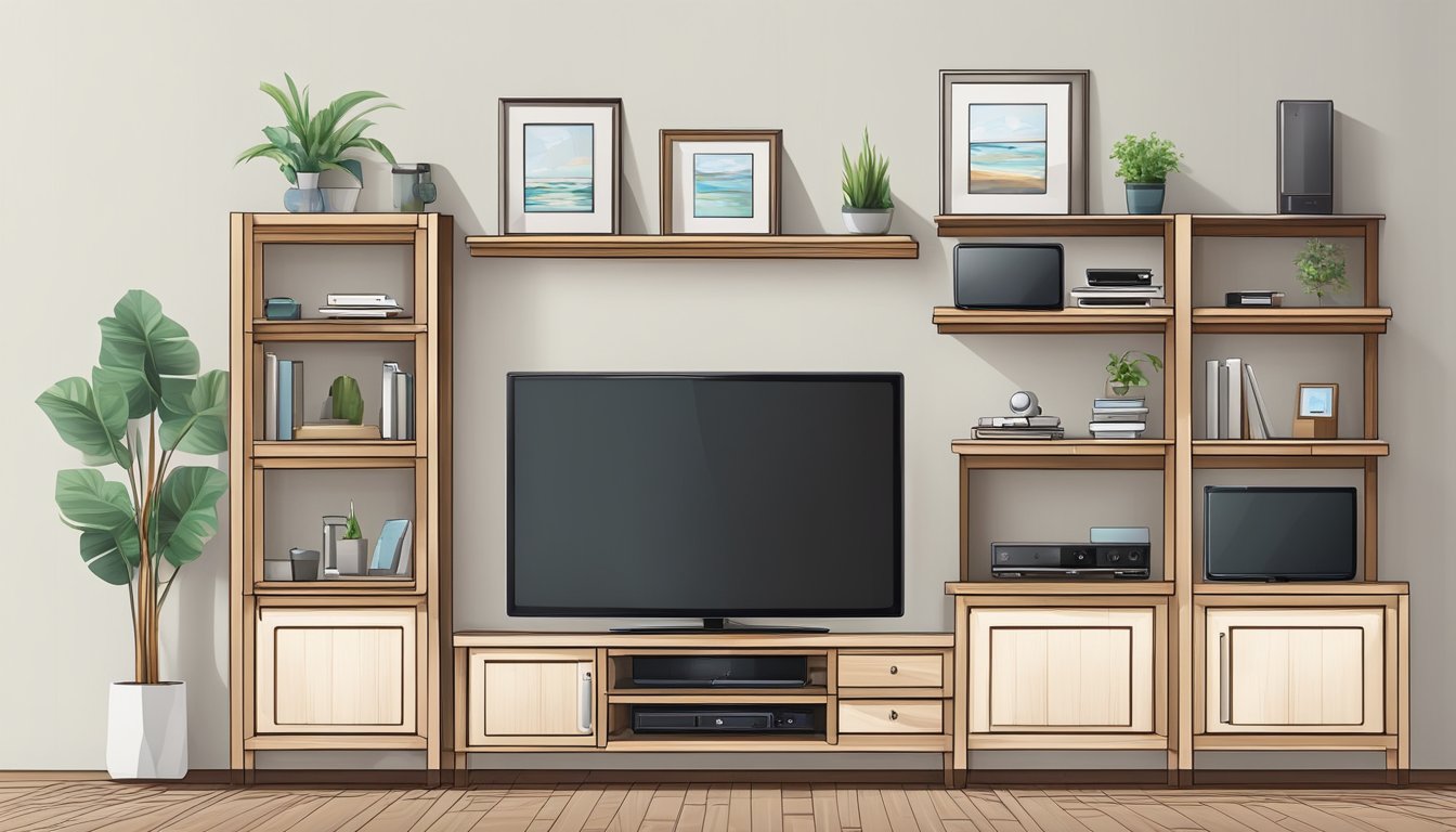 A wooden TV console stands against a white wall, with a large flat-screen TV and various electronic devices neatly arranged on its shelves
