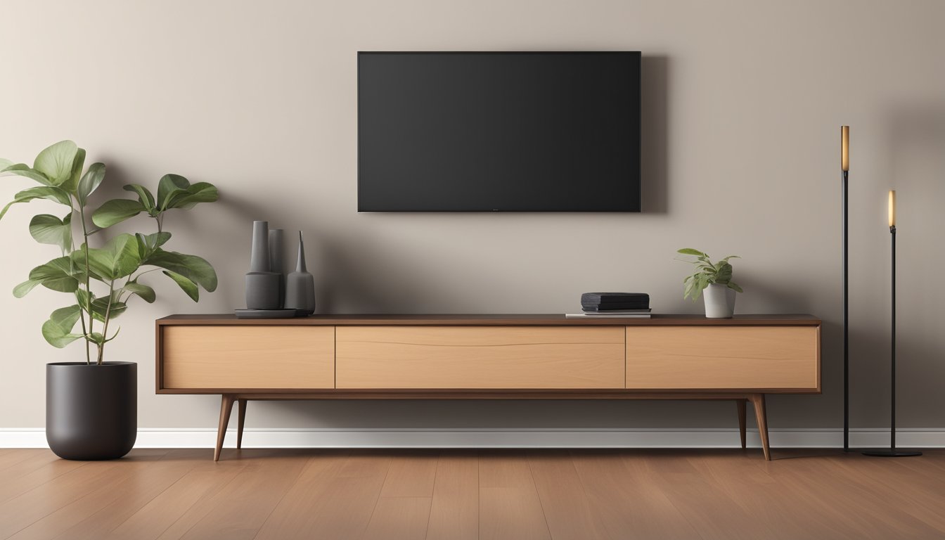 A sleek, modern wood TV console stands against a neutral wall, with clean lines and a minimalist design. The wood is a warm, medium tone, with a smooth, matte finish