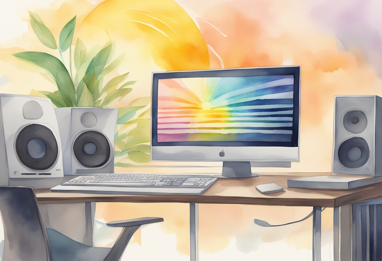 A sleek computer monitor displays AI music production software with a sun graphic in the background