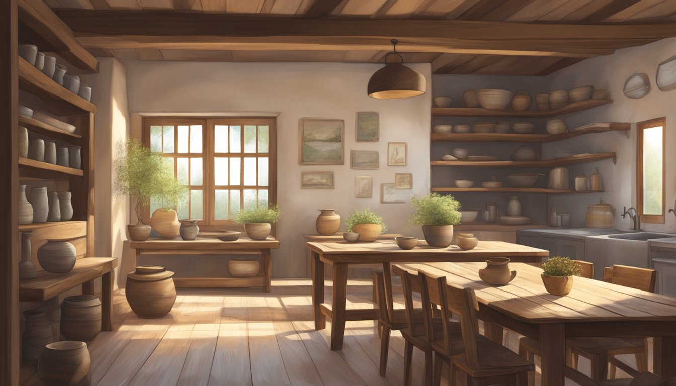 A simple, rustic room with weathered wooden furniture, earthy textures, and imperfect pottery. Subtle, muted colors and natural light create a serene, unpretentious atmosphere