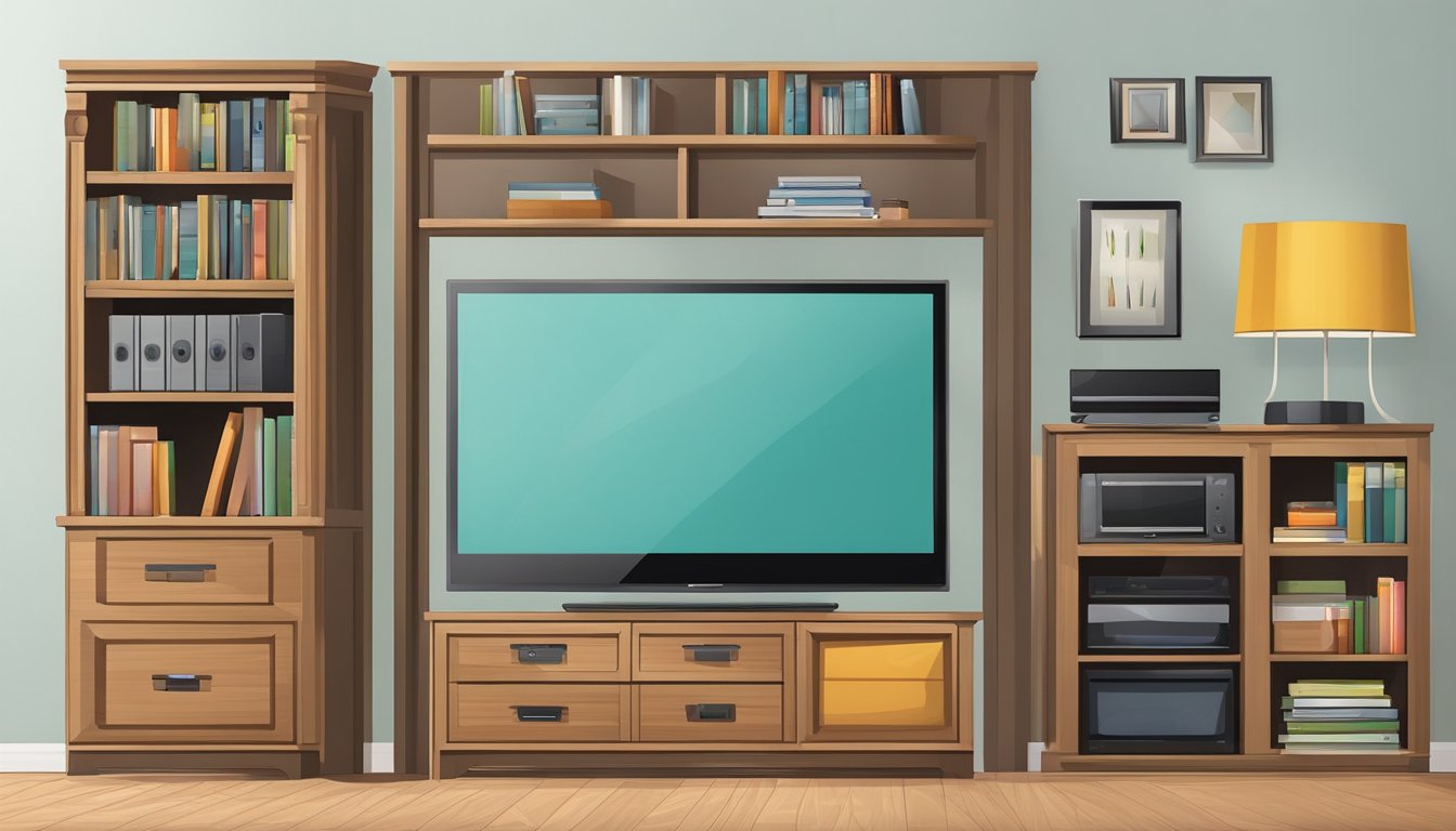 A wood TV console with shelves and drawers, holding a flat-screen TV and various electronic devices