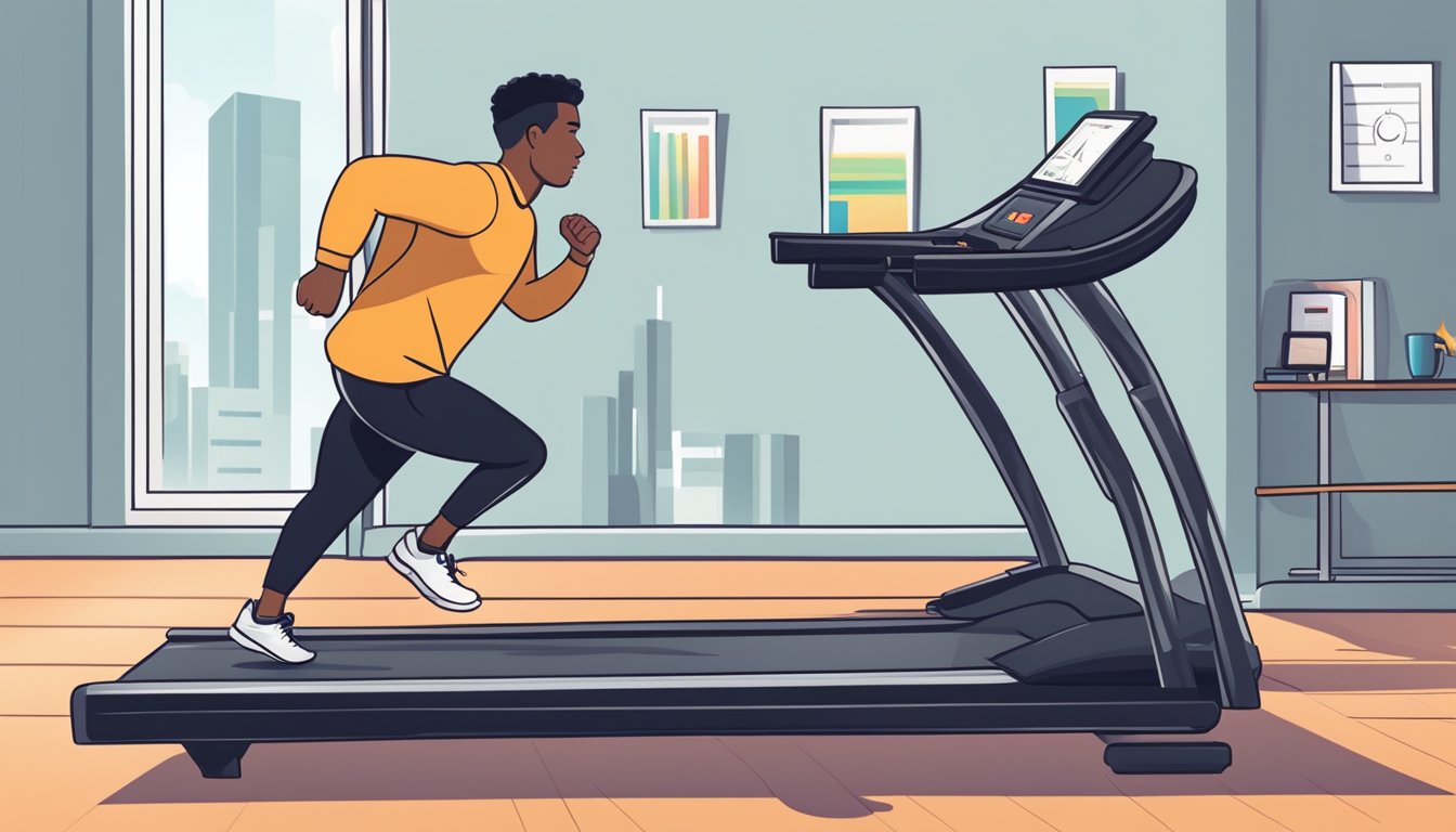 A person running on a treadmill with a heart rate monitor displaying increasing beats per minute