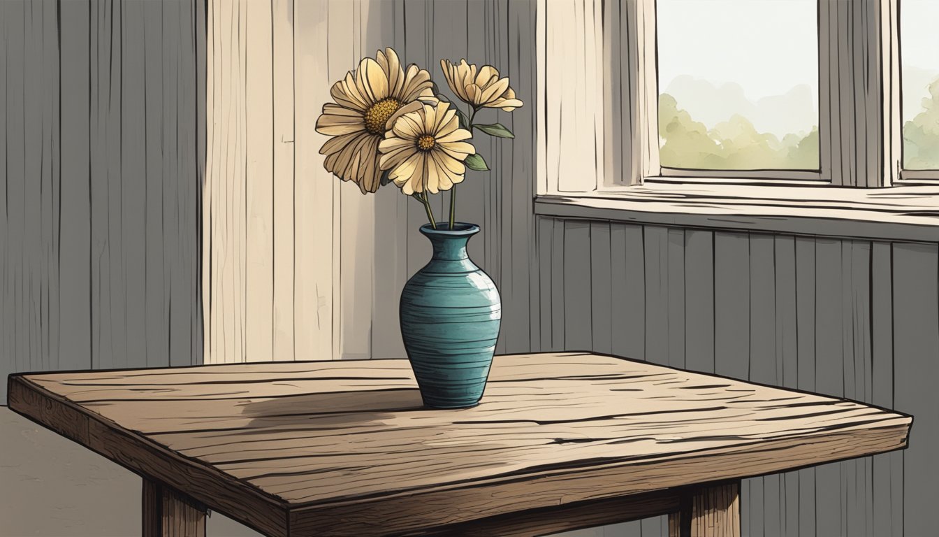 A weathered wooden table with chipped paint and uneven edges sits in a dimly lit room, adorned with a simple ceramic vase holding a single imperfect flower