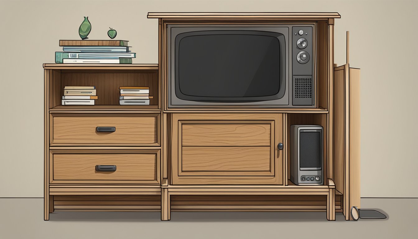 A wooden TV console with shelves and drawers, displaying the words "Frequently Asked Questions" in bold lettering on the front panel