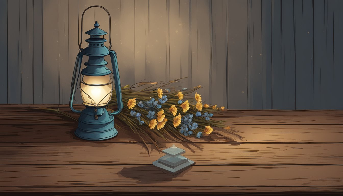 A weathered wooden table with a crack, a vase of dried flowers, and a rusted metal lantern on a worn-out rug in a dimly lit room