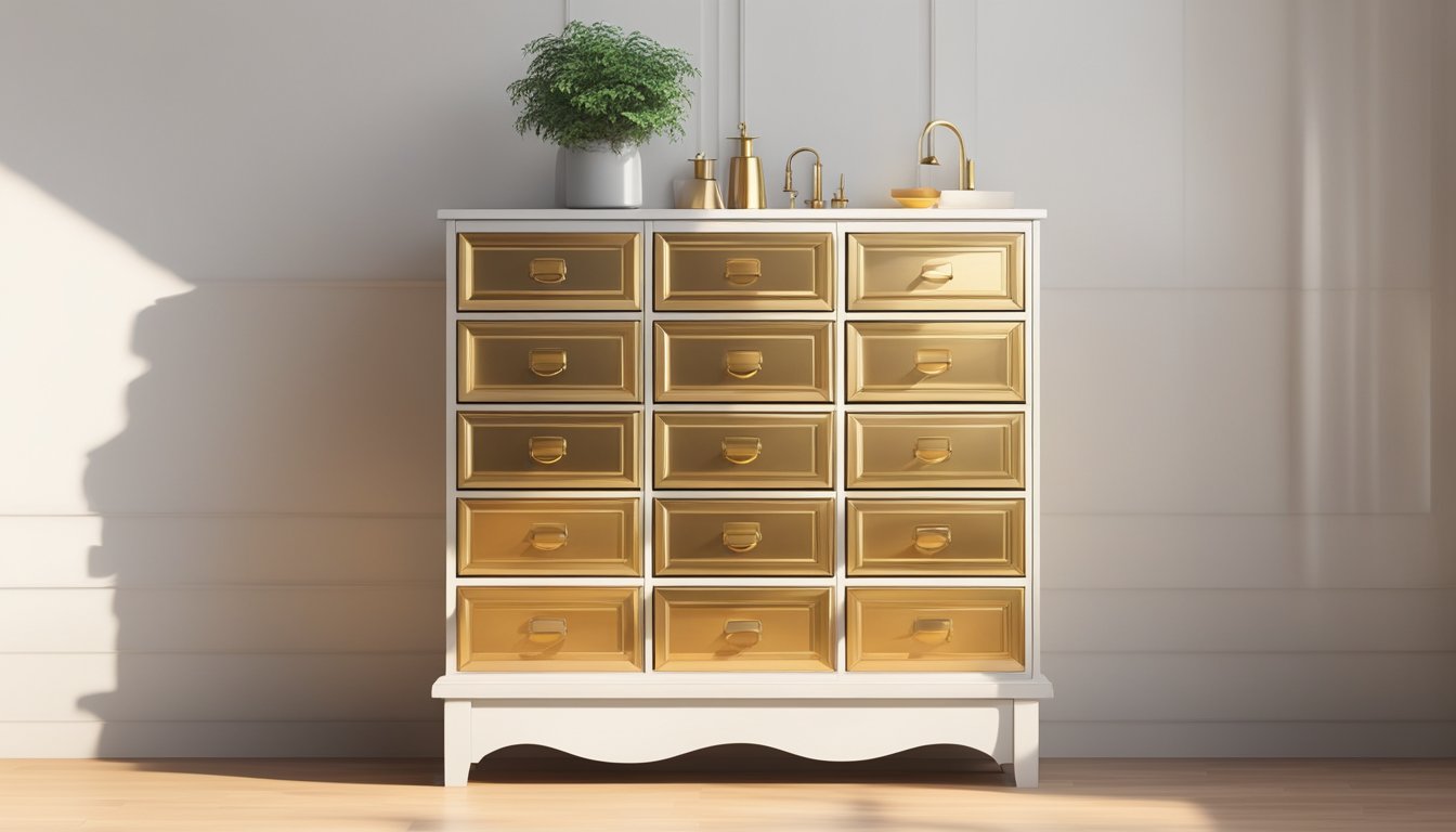 A wooden drawer cabinet with brass handles stands against a white wall in a sunlit room. The cabinet has multiple drawers, some open, revealing neatly organized contents