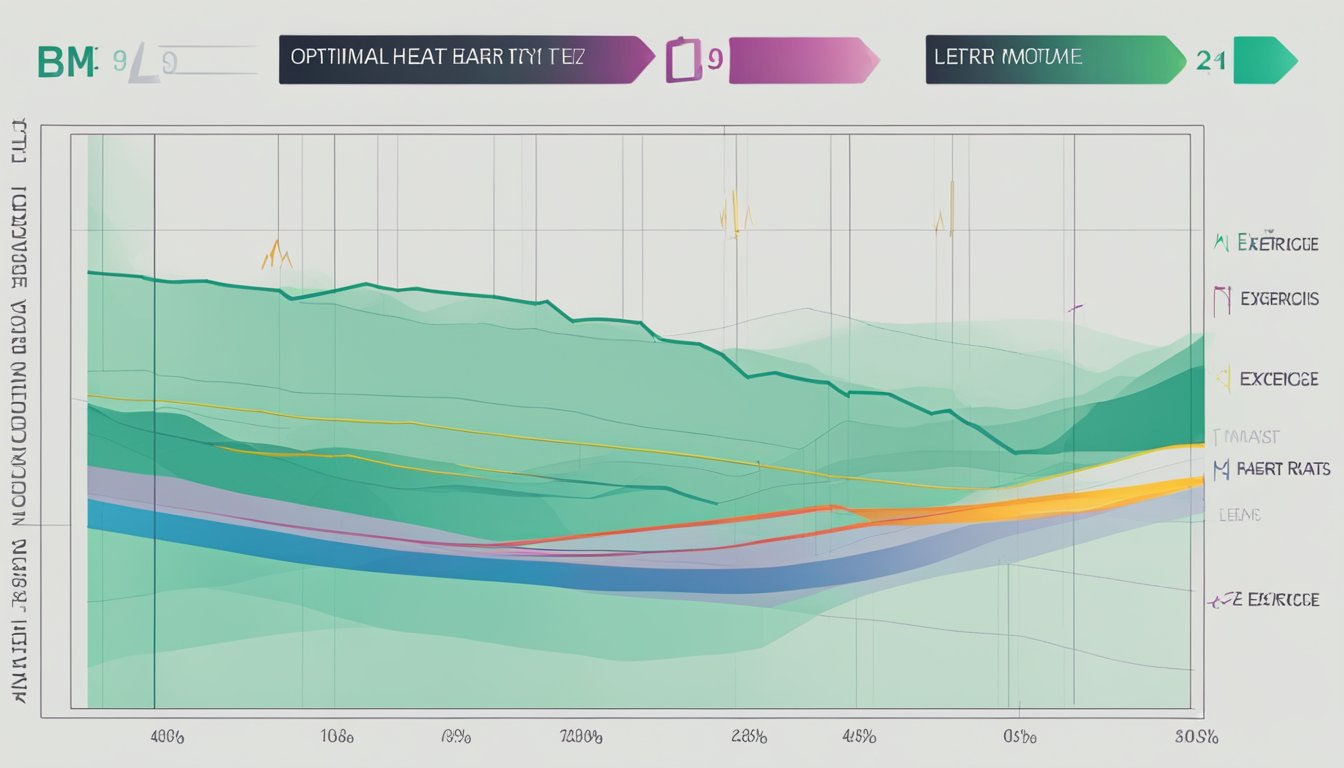 A graph showing optimal heart rate zones for exercise, with different intensity levels labeled and a line showing the ideal heart beat rate during exercise