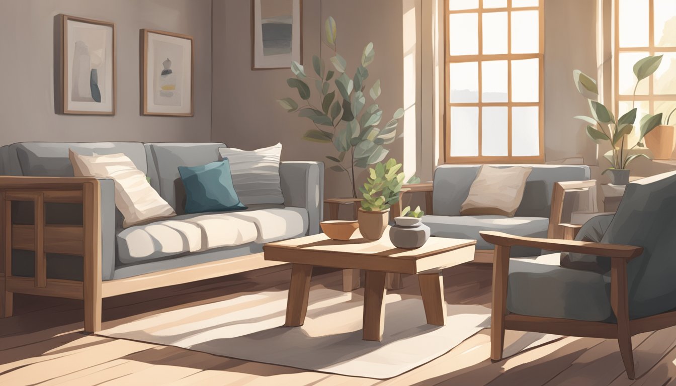 A cozy, minimalist living room with weathered wooden furniture, imperfect pottery, and soft, muted colors. Natural light filters through paper screens, casting gentle shadows