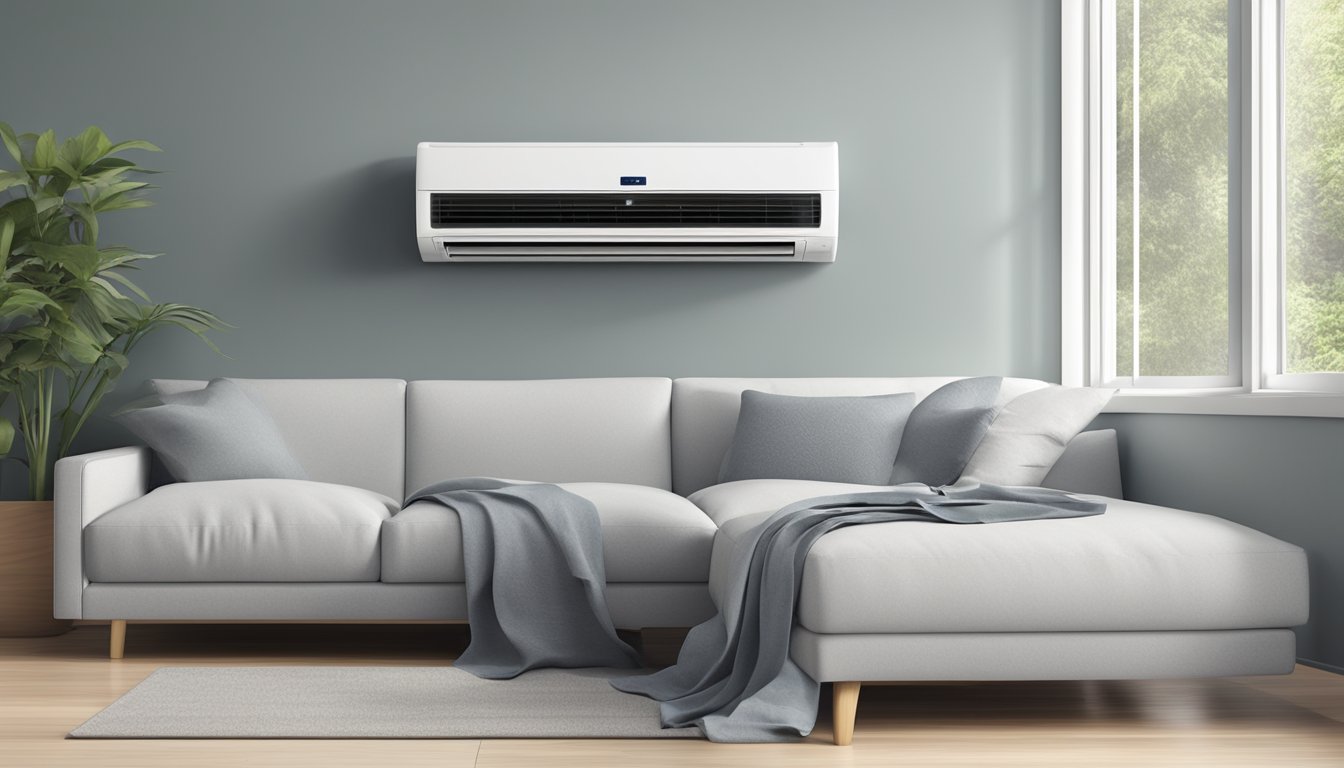 A wall-mounted System 1 Aircon unit hums quietly, with vents directing cool air into the room. Temperature and fan speed controls are visible on the front panel