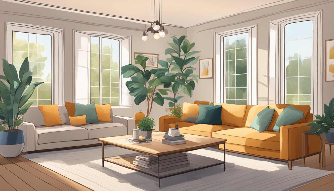 A cozy living room with plush sofas, warm lighting, and stylish coffee tables. Bright, airy space with large windows and potted plants