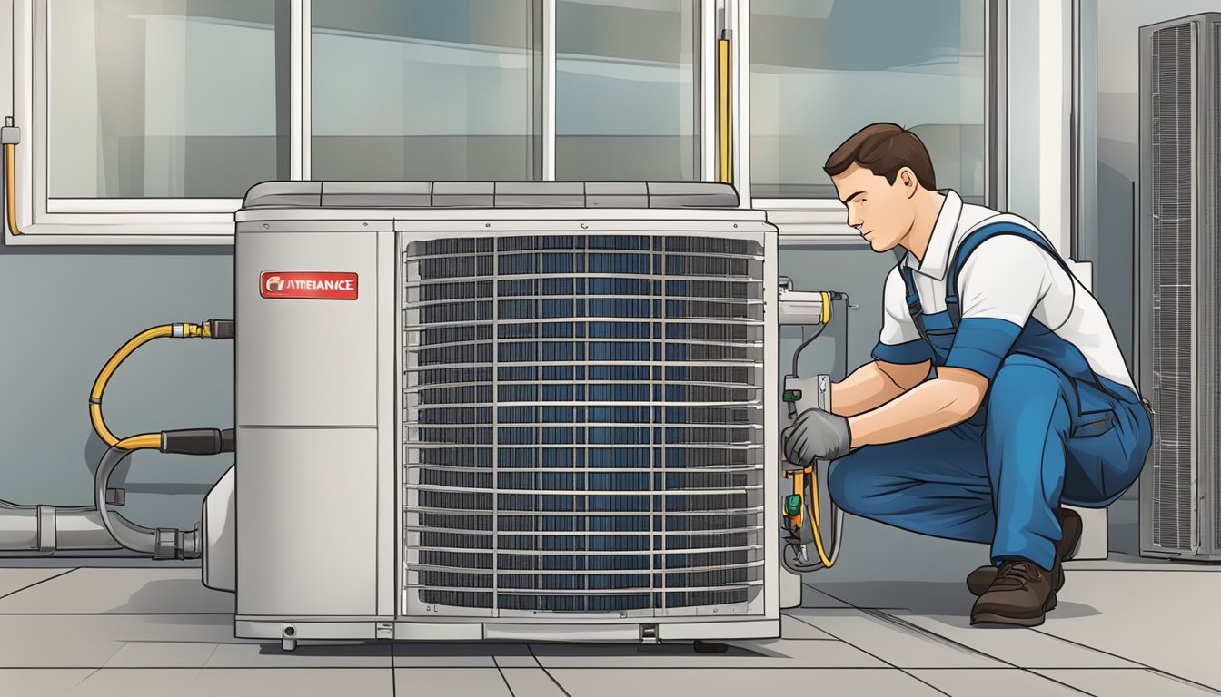 A technician checks and services an air conditioning unit labeled "Maintenance and Warranty system 1."