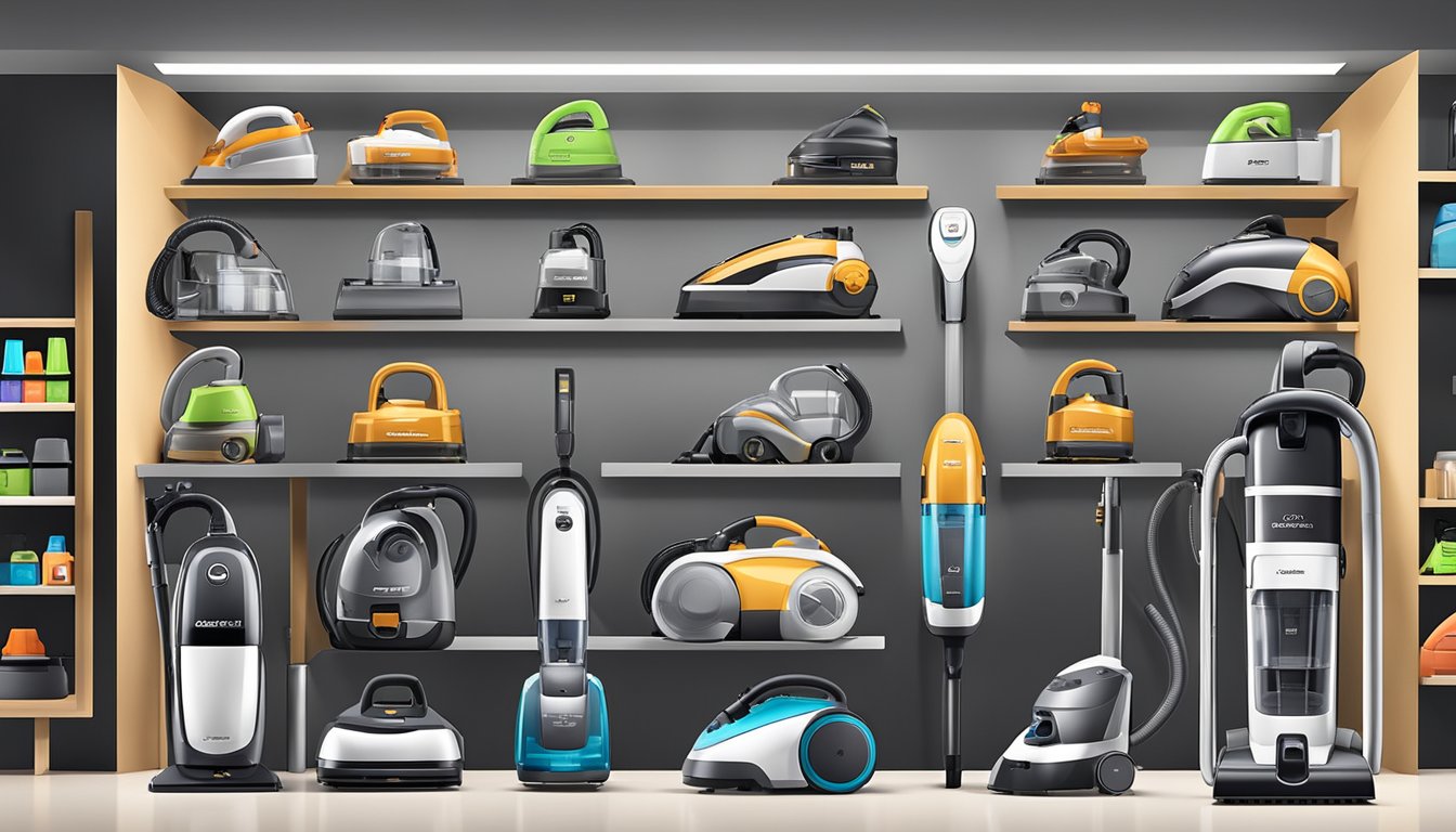 Various top vacuum cleaner brands and models displayed on shelves in a well-lit showroom. The products are neatly arranged with their features and prices clearly visible