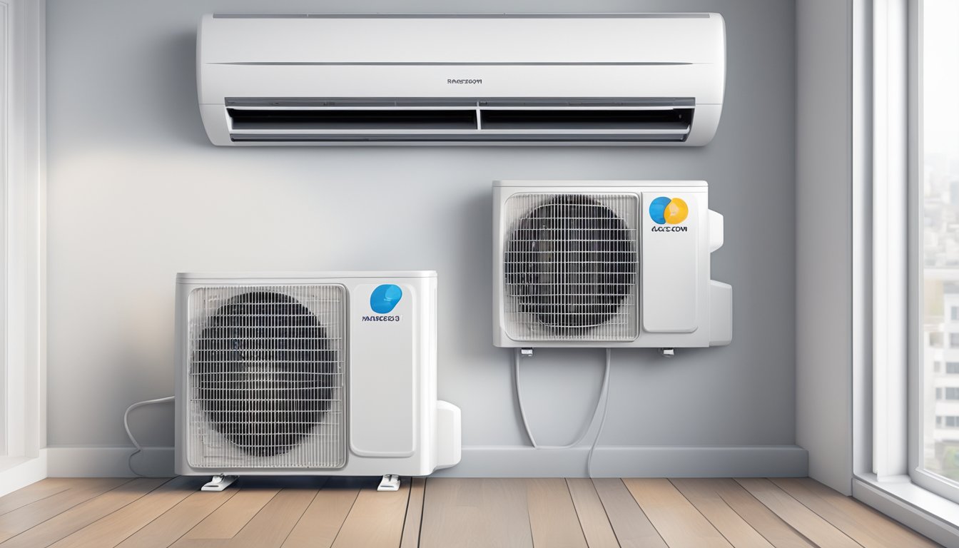 A white room with a sleek, modern air conditioning unit mounted on the wall. The unit is labeled "Frequently Asked Questions system 1 aircon."