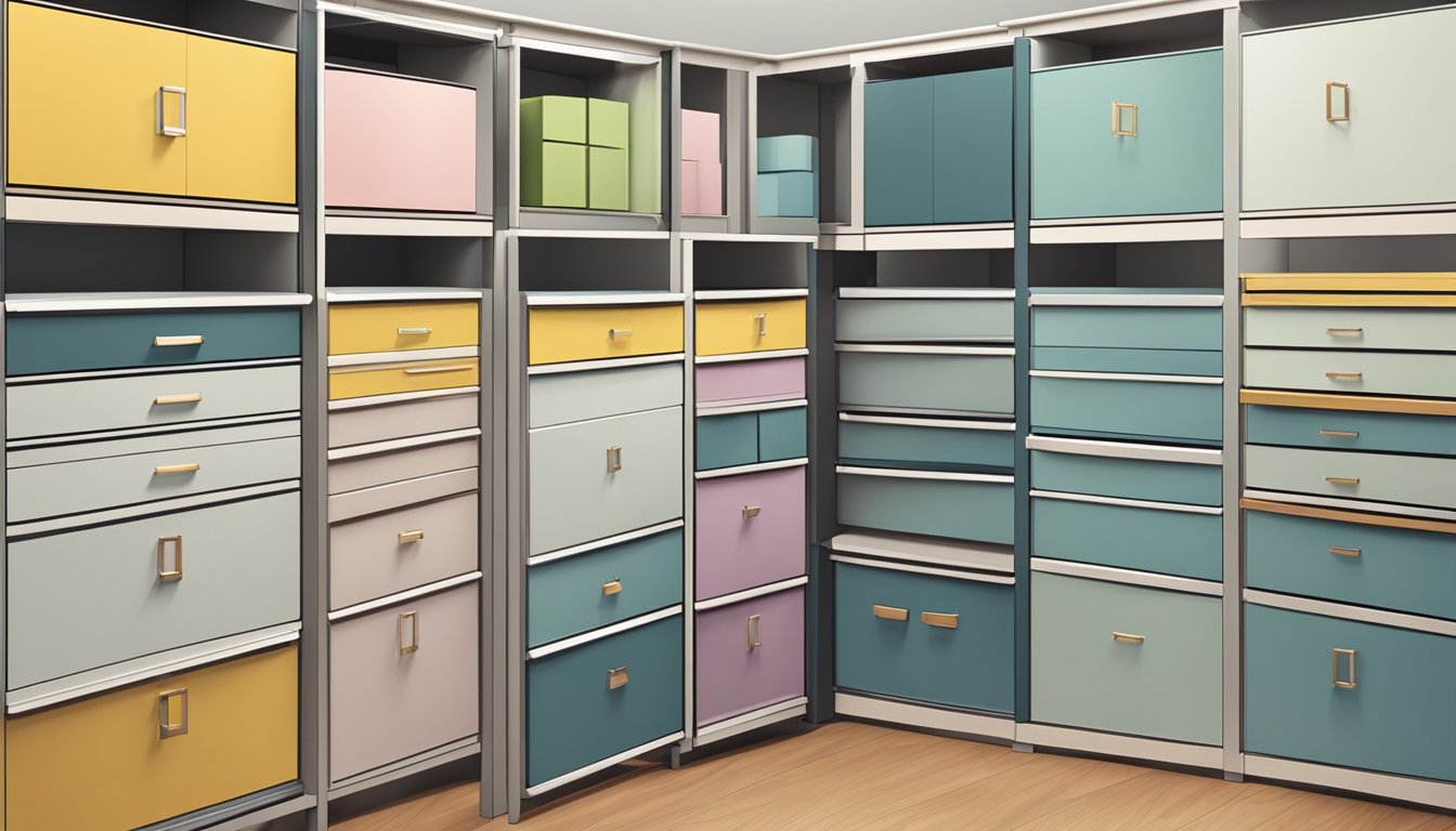 A variety of drawer cabinets in different sizes and designs are neatly arranged in a showroom, showcasing their functionality and aesthetic appeal