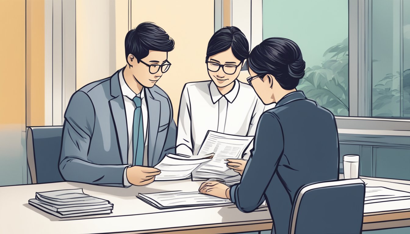 A couple sits at a table with paperwork, discussing wedding loan options with a financial advisor in a Singaporean bank