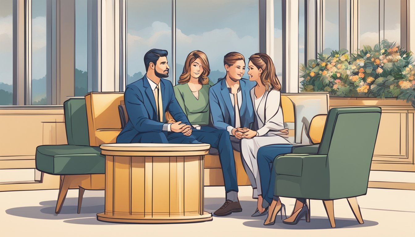 A couple sits at a bank, discussing wedding loan options with a financial advisor. The advisor explains the process and requirements for obtaining a loan, as the couple listens attentively